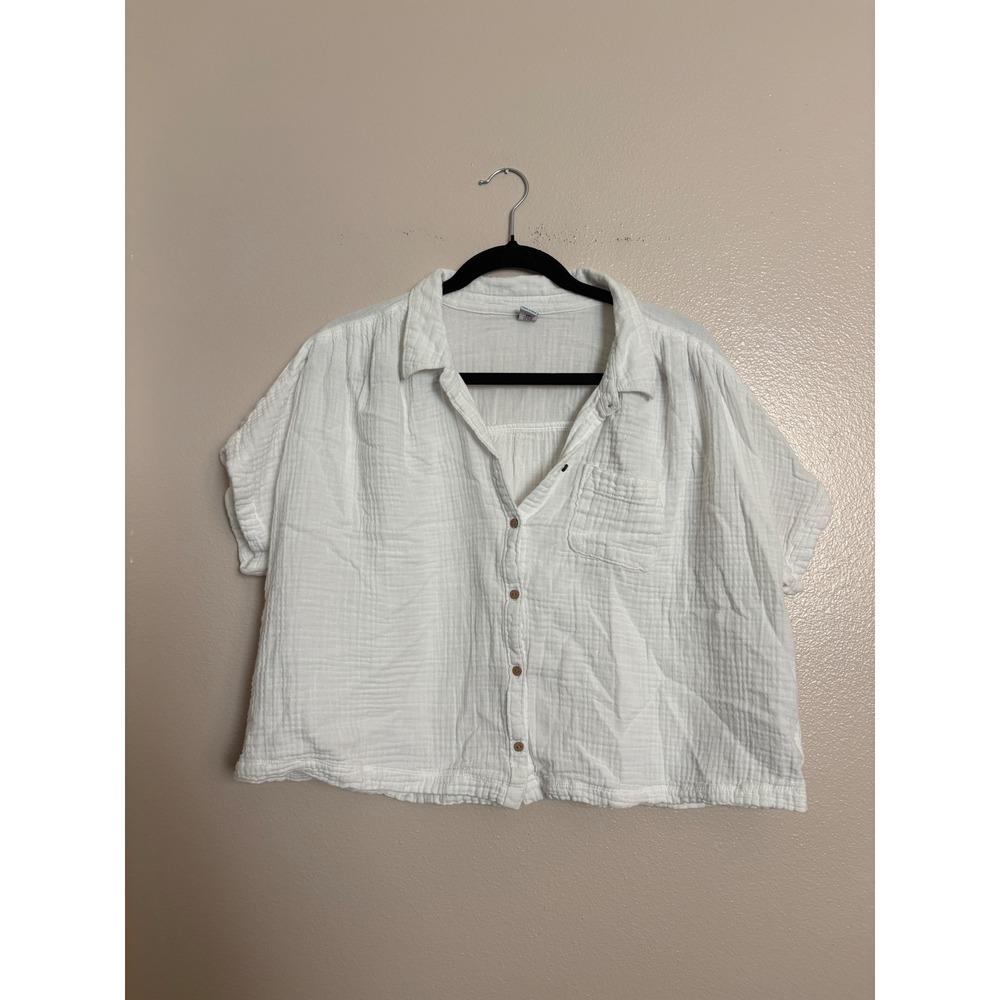 Old Navy Women's White Cotton Double Gauze Short Sleeve Boxy Button Down Shirt L